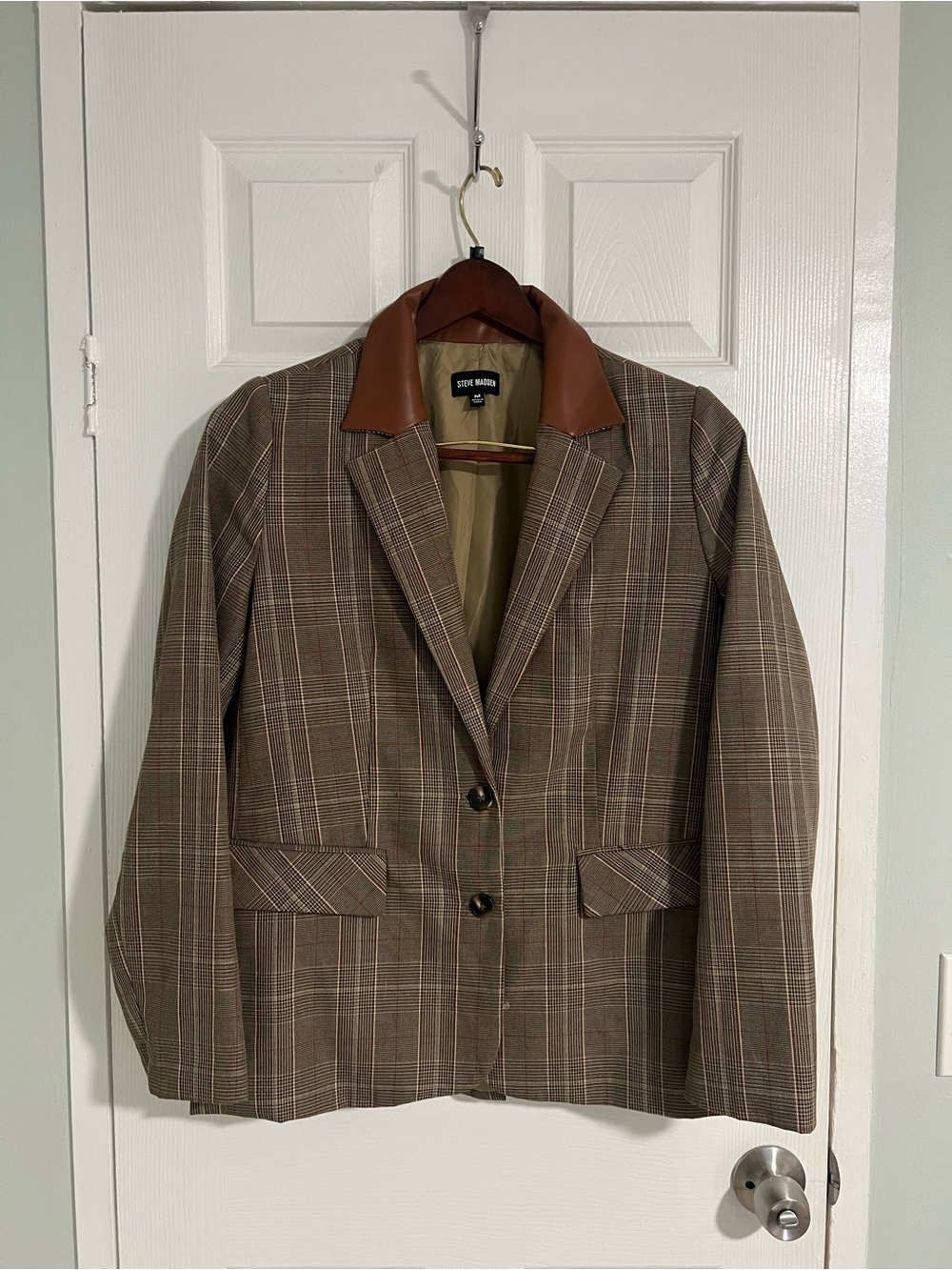 Steve Madden Brown Plaid Blazer with Tan Leather Collar
